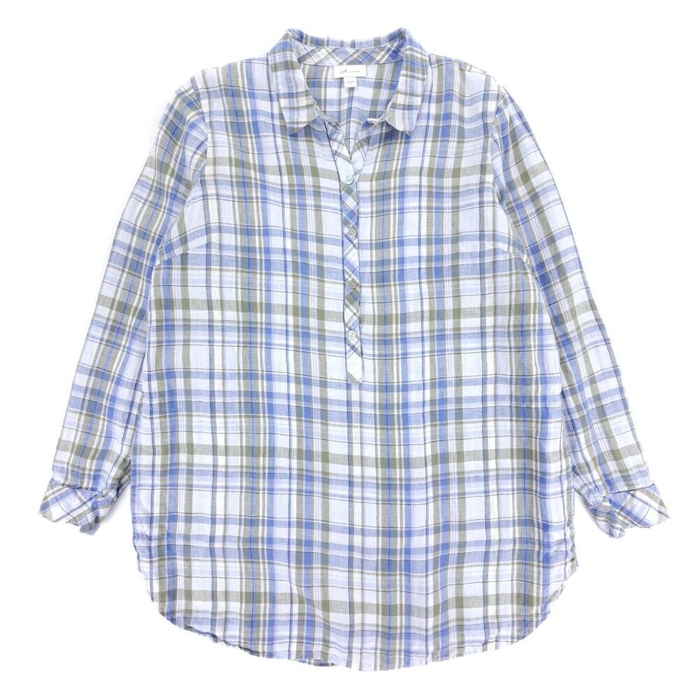 NEW J Jill 100% Linen Button Down Tunic Lagenlook Coastal Cottagecore Boho Plaid